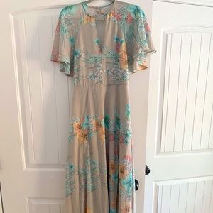 70's Faded Floral Flutter Sleeve Maxi Dress